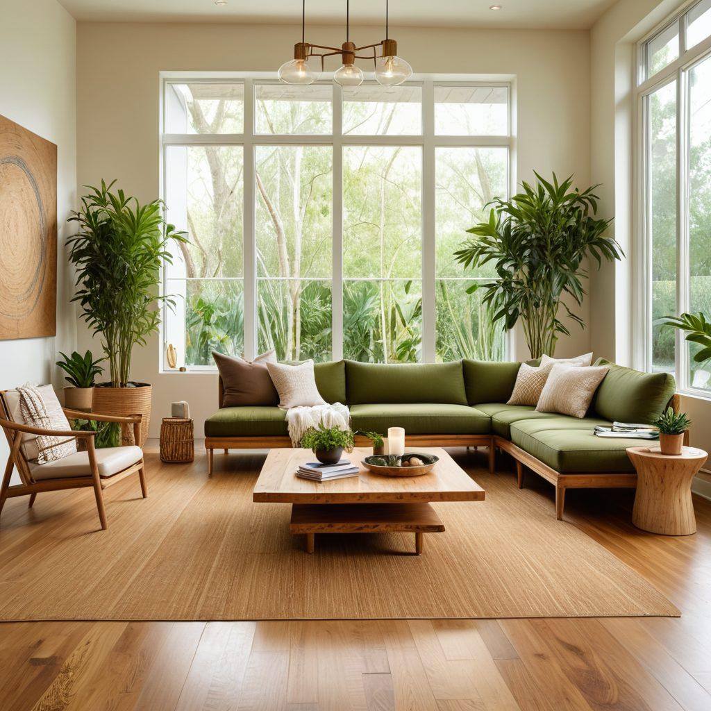 An enchanting living room showcasing eco-friendly flooring options like bamboo and cork, adorned with plants and natural light. A sleek coffee table, sustainable decor, and a cozy seating area reflect affordable elegance. The atmosphere is warm and inviting, highlighting the beauty of natural materials. super-realistic. vibrant colors. natural lighting.