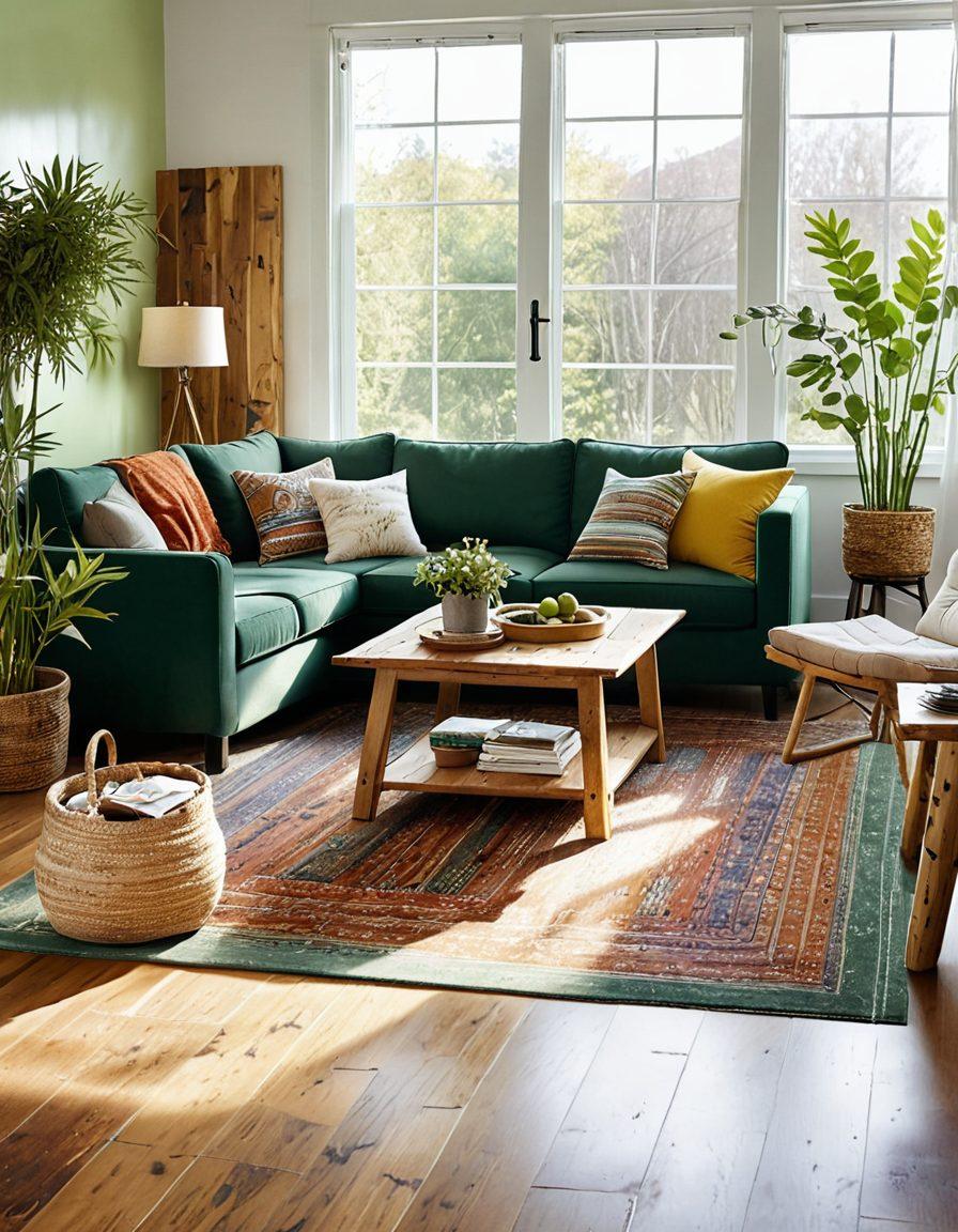 A cozy, inviting living room featuring a variety of eco-friendly flooring options, including bamboo, cork, and reclaimed wood. Natural light streams through large windows, highlighting the textures and colors of the flooring. Potted plants and sustainable decor items enhance the green living theme. Include a family enjoying the space to convey comfort and warmth. super-realistic. vibrant colors. white background.
