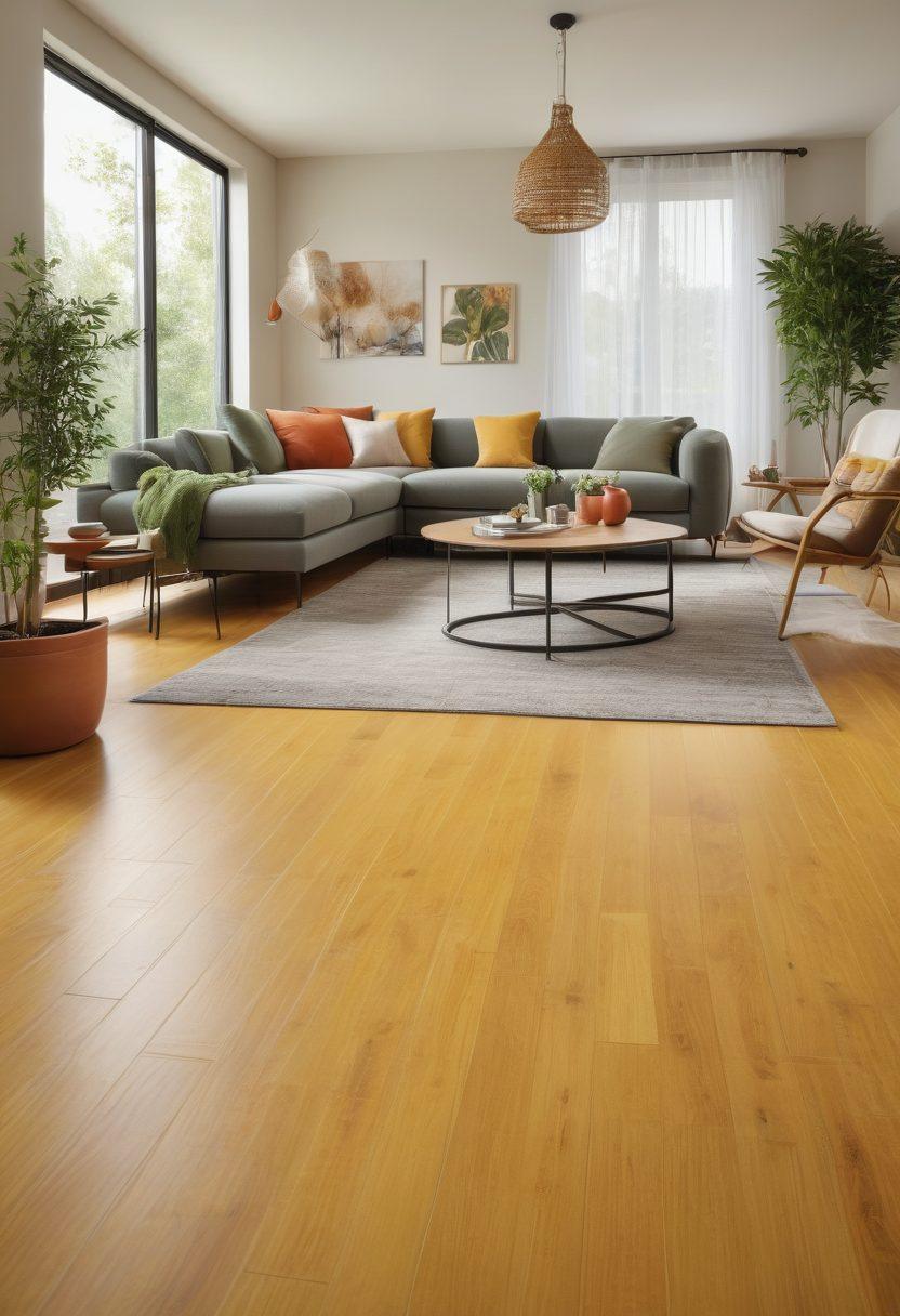 A sleek modern interior showcasing a stylish living room with luxury vinyl flooring on one side and elegant bamboo flooring on the other, demonstrating a seamless blend of both materials. Incorporate vibrant greenery and warm, natural light to evoke a sense of comfort and sustainability. Highlight texture contrasts, emphasizing the elegance of bamboo and the versatility of vinyl. super-realistic. vibrant colors. bright atmosphere.